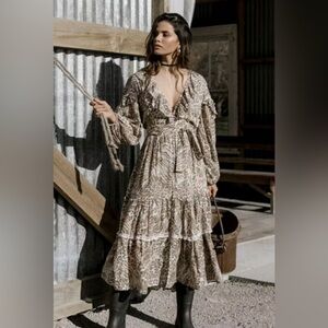 NWT Spell Beige Animal Print Long Sleeve Dress